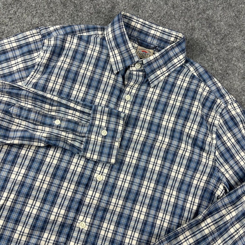 Faherty Button Down Shirt‎ Mens Small Blue Plaid Supima Cotton Stretch Long